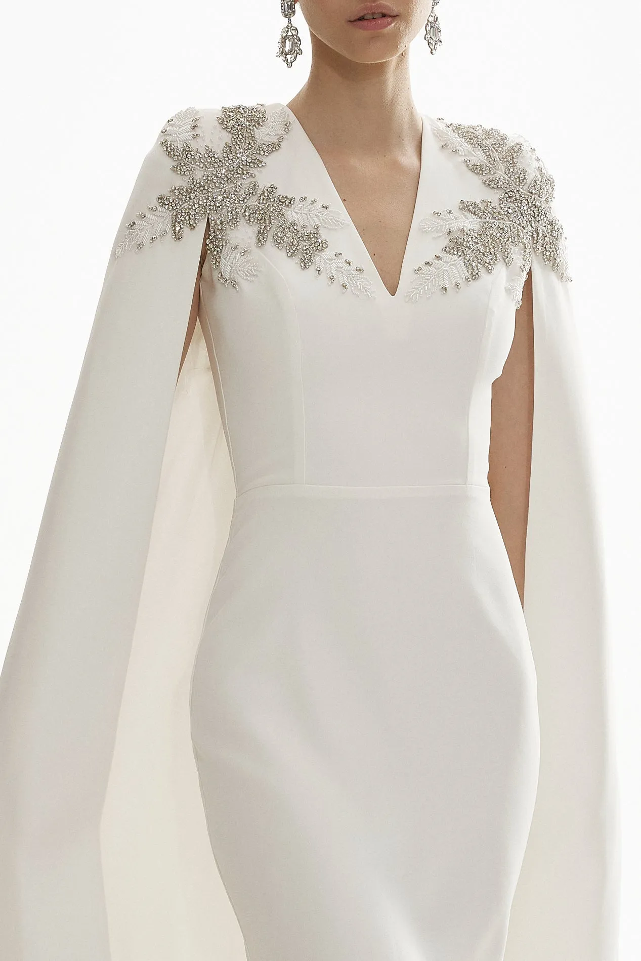 Dalia Crystal-Embroidered Cape Crepe Dress In Off-White