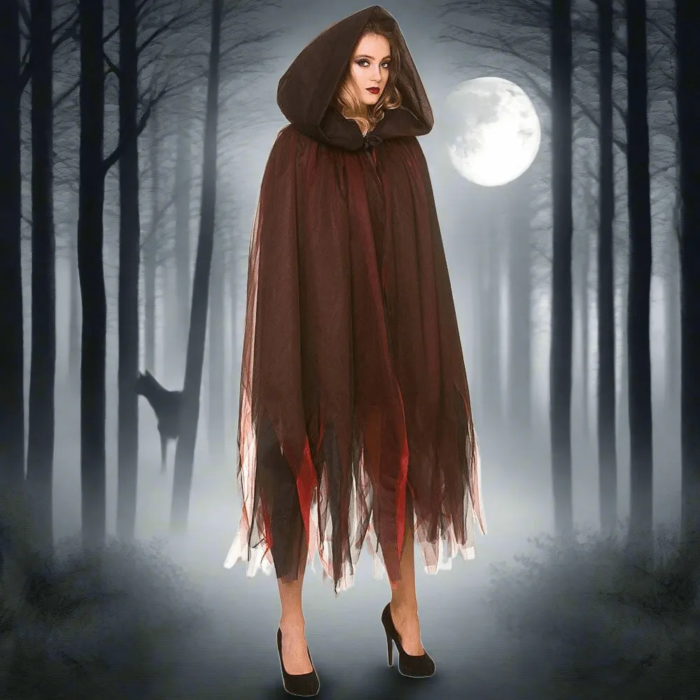 Deluxe Layered Hooded Cape Deep Red Fringed Fancy Dress