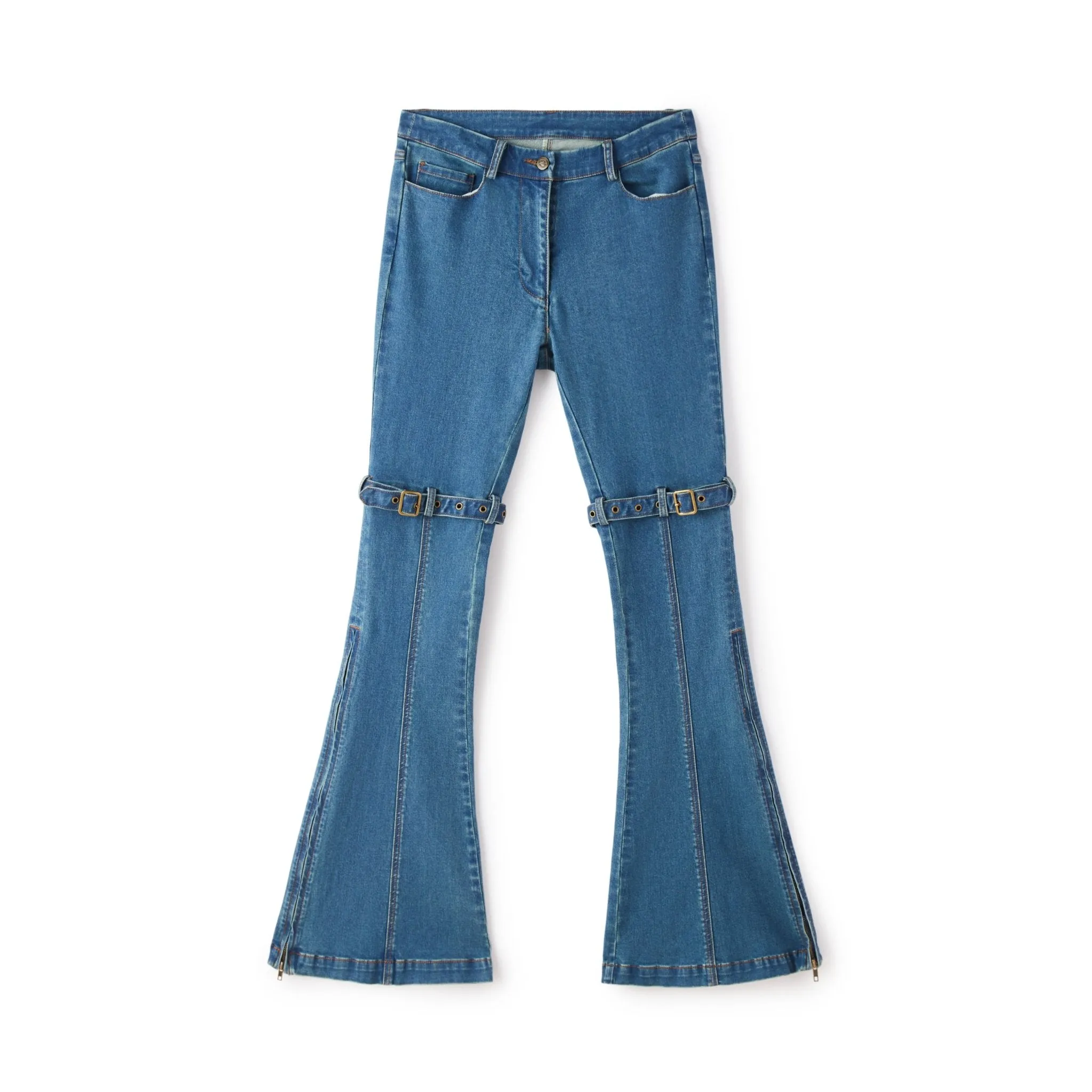 Double-buckle Skinny Denim Flared Pants