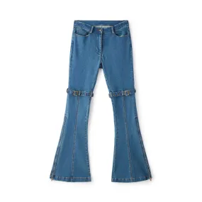 Double-buckle Skinny Denim Flared Pants