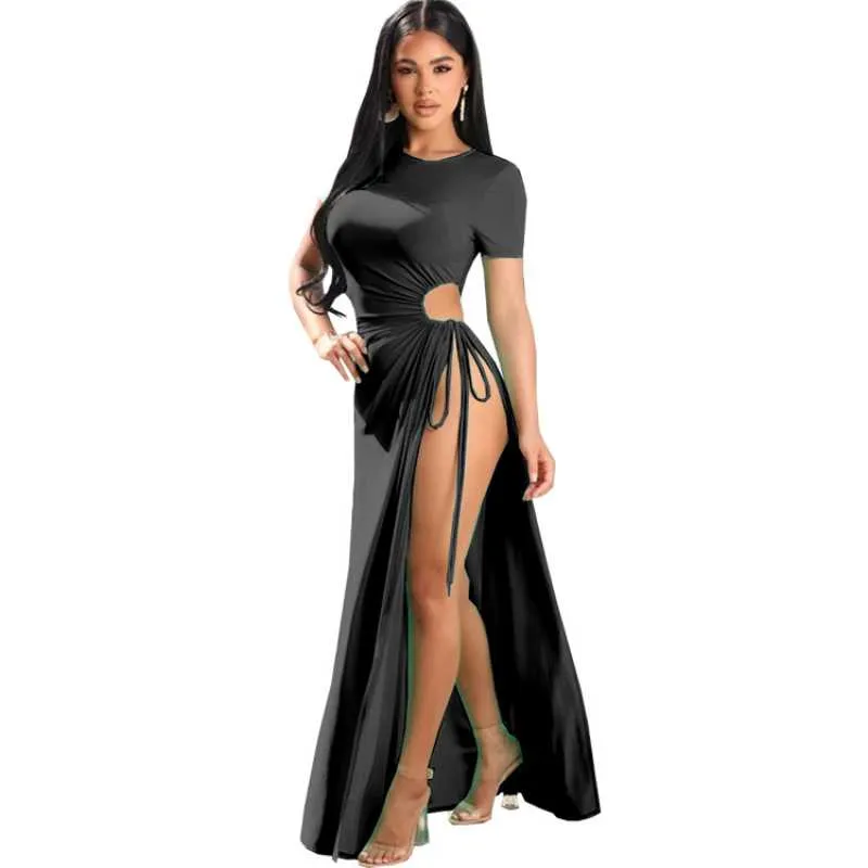 Drawstring Lace Up Side Leak Sexy Nightclub Dress Fashion Casual Beach Dress