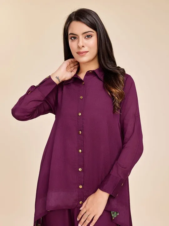 elegant high-low flared full cuff sleeves shirt with comfortable straight pants set in Viscose Silk Crepe - Maroon