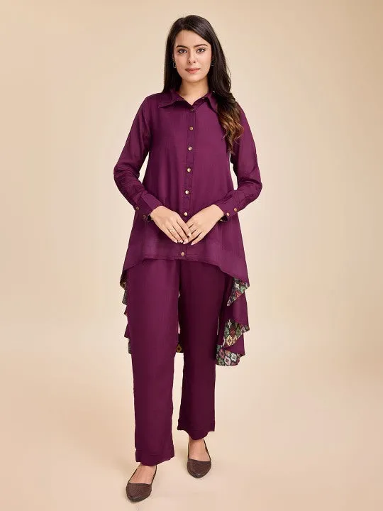 elegant high-low flared full cuff sleeves shirt with comfortable straight pants set in Viscose Silk Crepe - Maroon