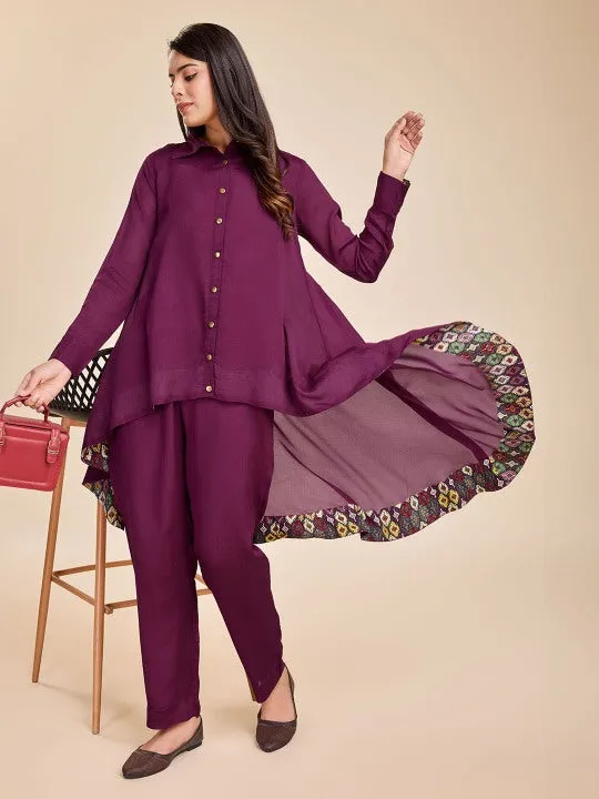 elegant high-low flared full cuff sleeves shirt with comfortable straight pants set in Viscose Silk Crepe - Maroon