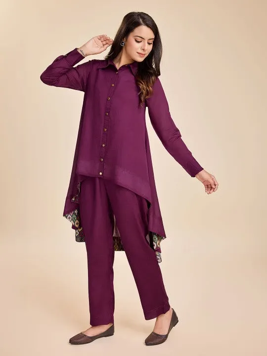 elegant high-low flared full cuff sleeves shirt with comfortable straight pants set in Viscose Silk Crepe - Maroon