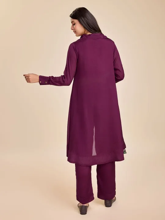 elegant high-low flared full cuff sleeves shirt with comfortable straight pants set in Viscose Silk Crepe - Maroon