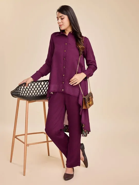 elegant high-low flared full cuff sleeves shirt with comfortable straight pants set in Viscose Silk Crepe - Maroon