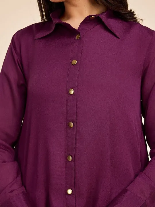 elegant high-low flared full cuff sleeves shirt with comfortable straight pants set in Viscose Silk Crepe - Maroon