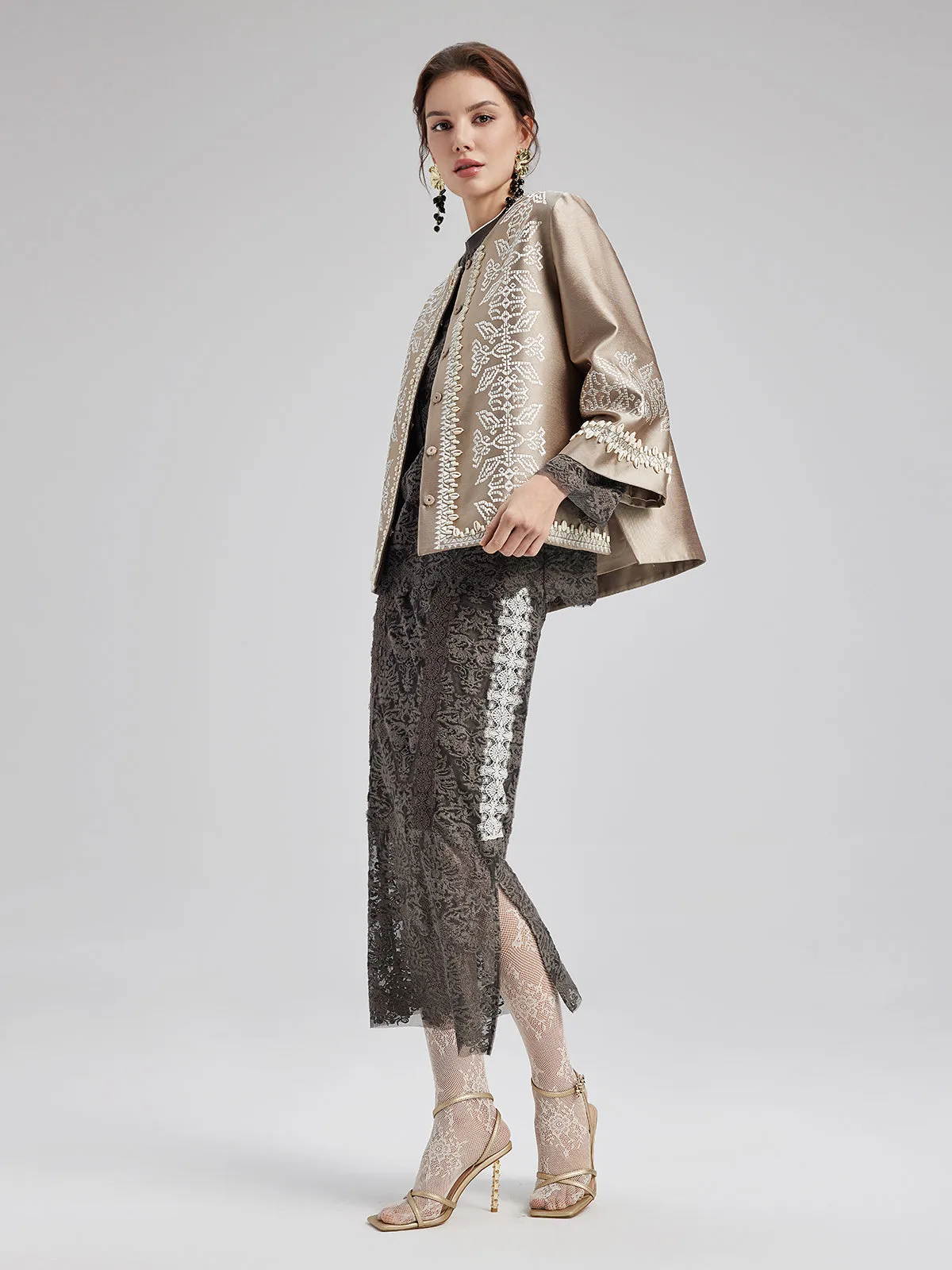 Embroidered Beaded Shell Cape Coat