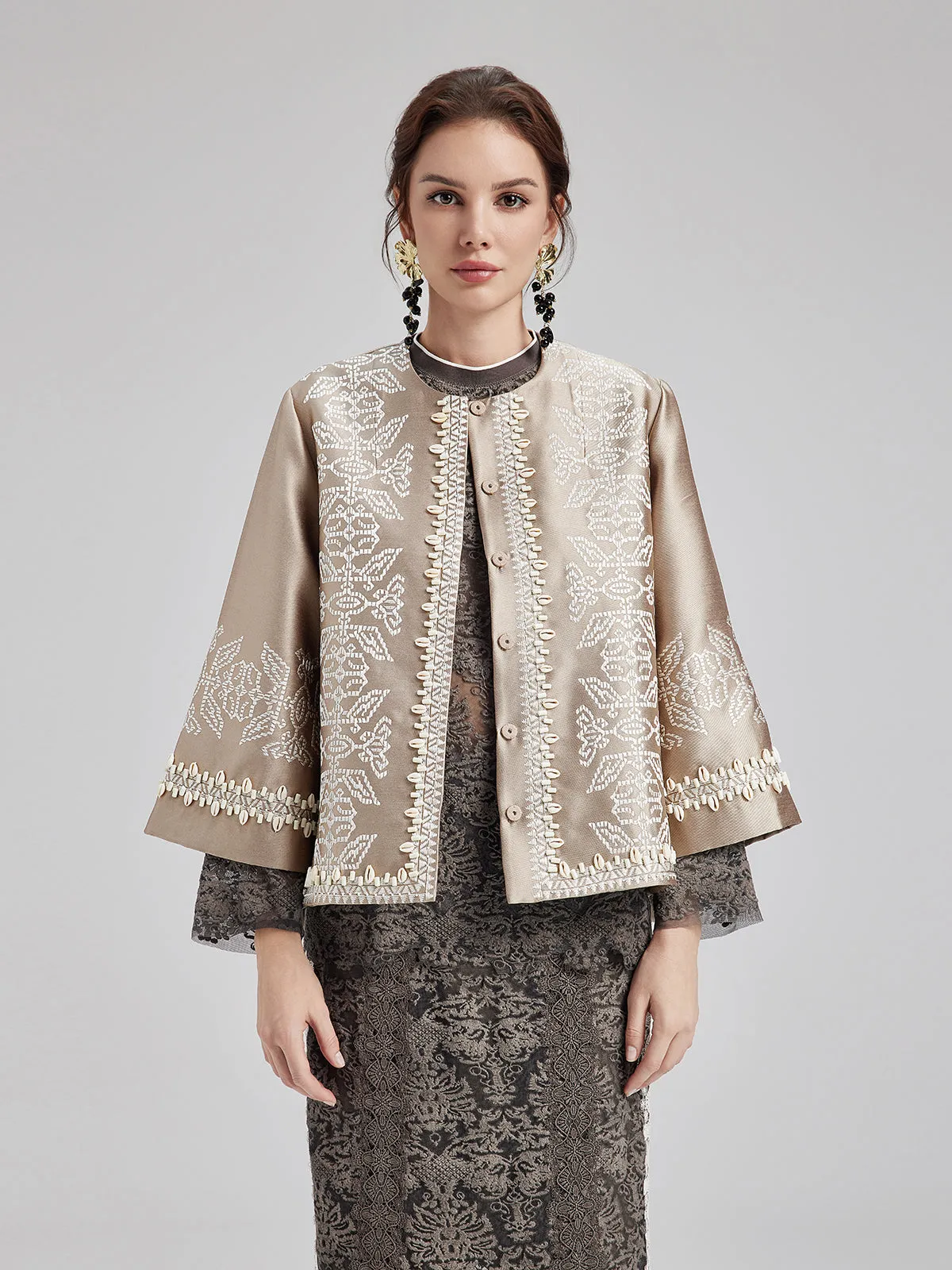 Embroidered Beaded Shell Cape Coat