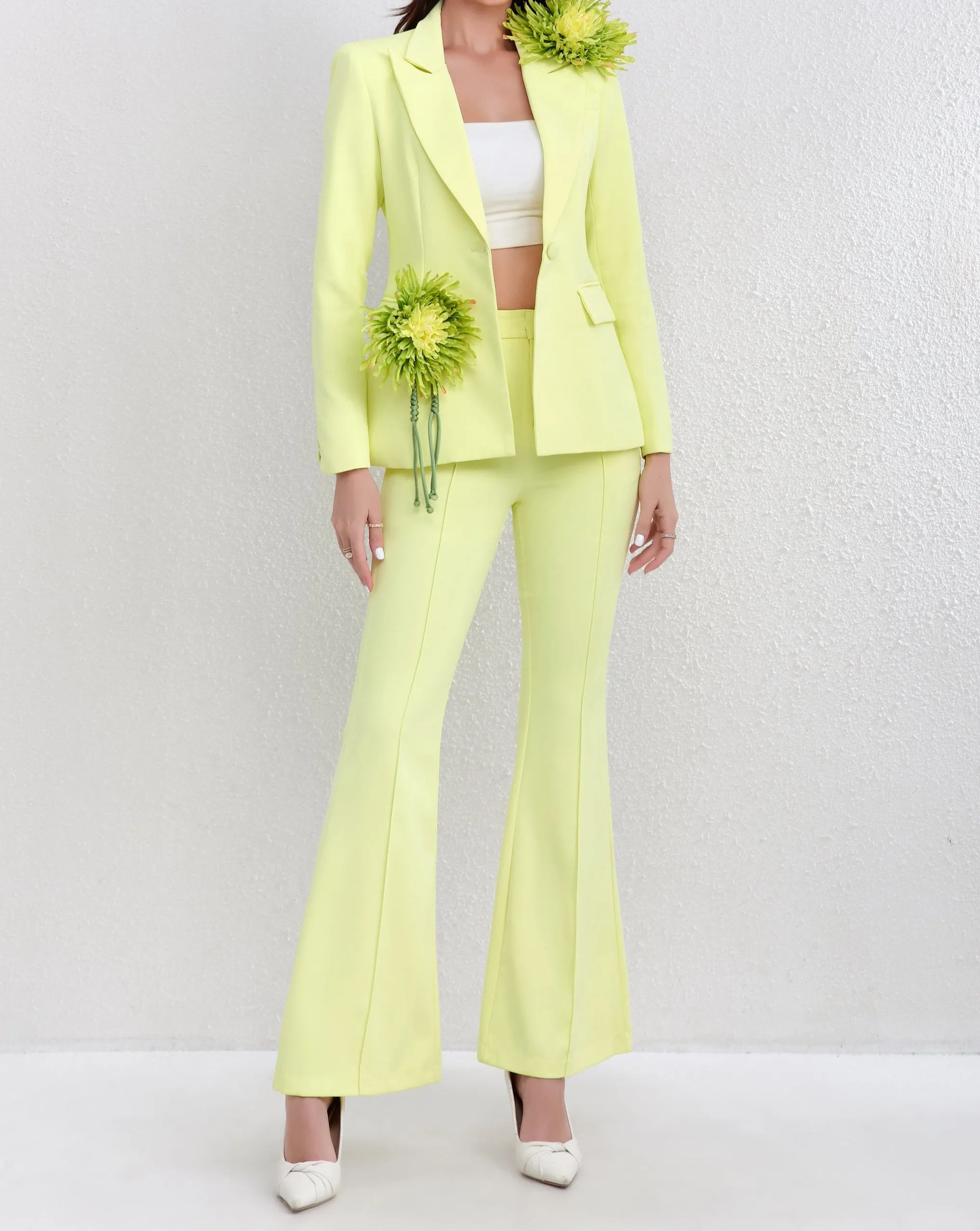 Flora Flower Details Single Button Blazer and Flared Pants Set