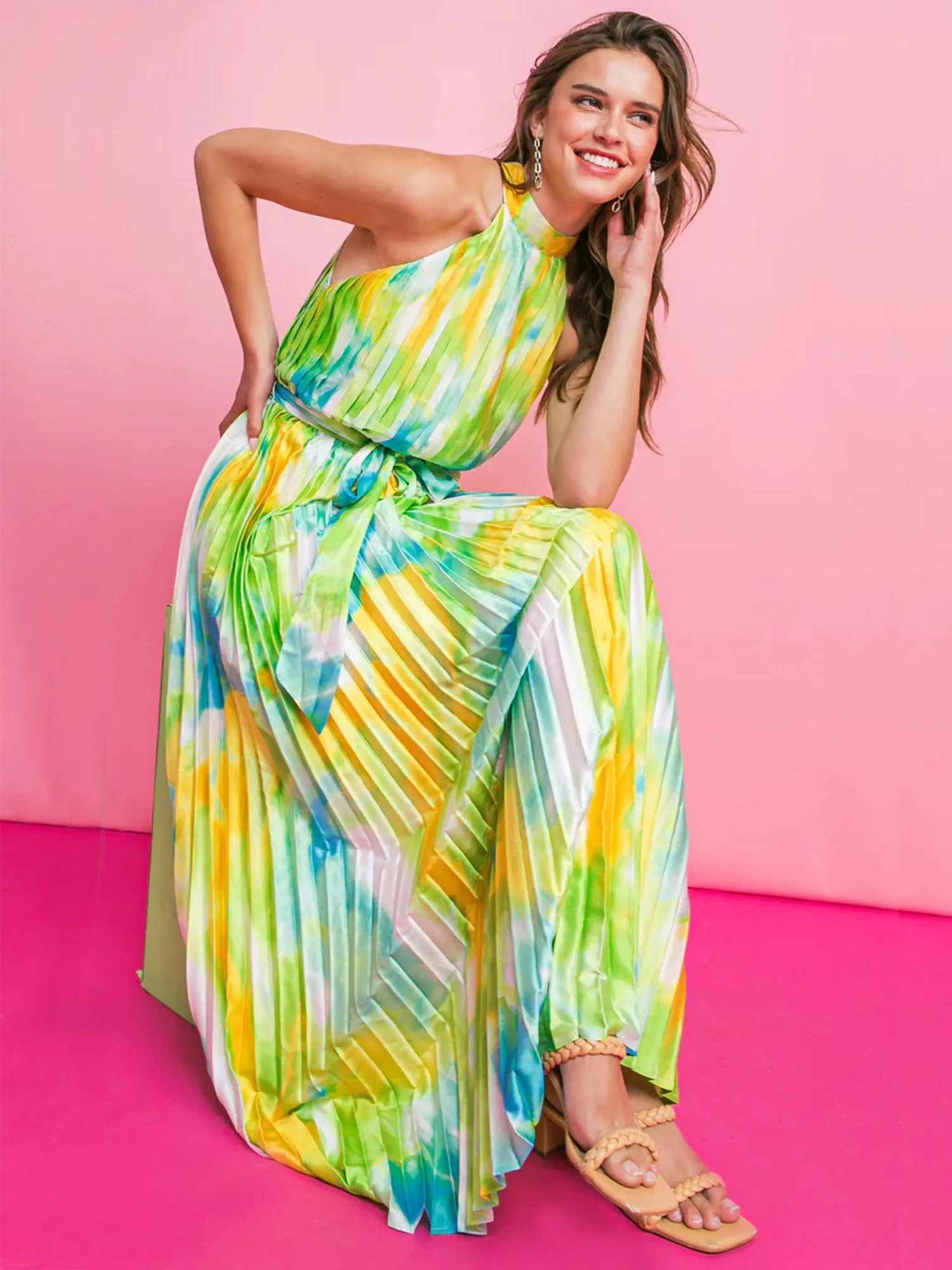 Flying Tomato Halter Neck Pleated Tie Dye Maxi Dress - Brands We Love