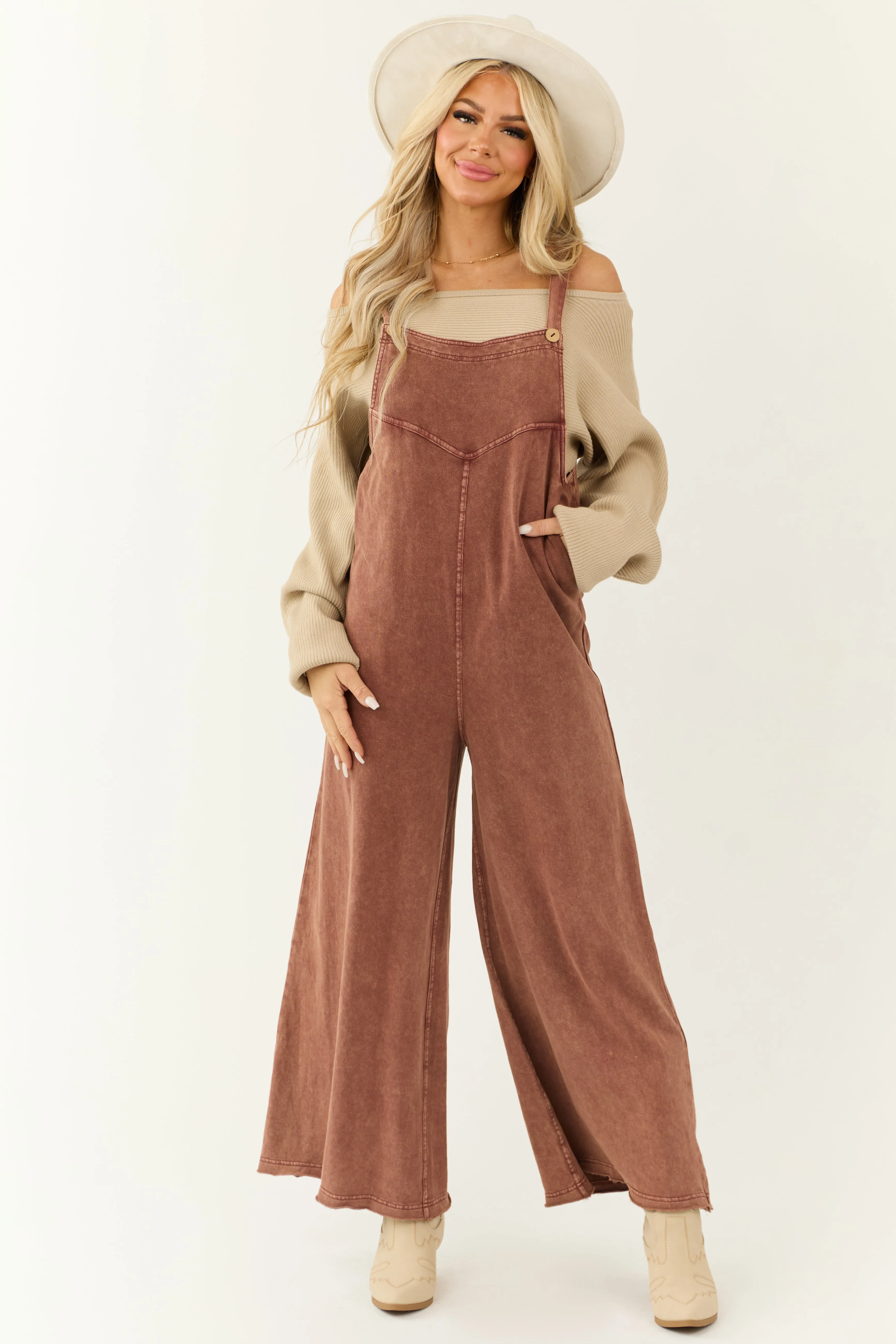 Ginger Mineral Wash Button Strap Overall Jumpsuit