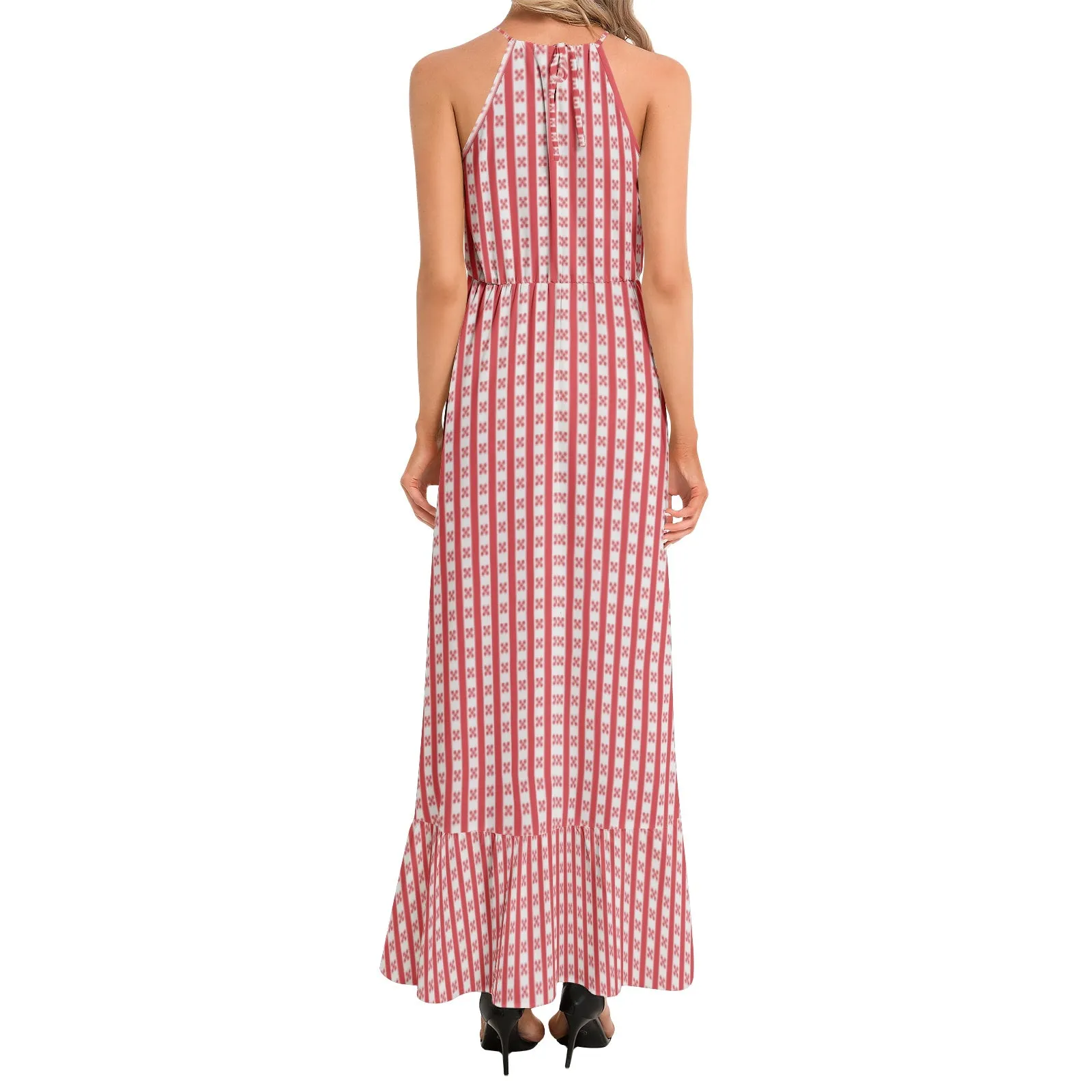 Gingham Striped Ruffle Hem Halter Neck Maxi Dress