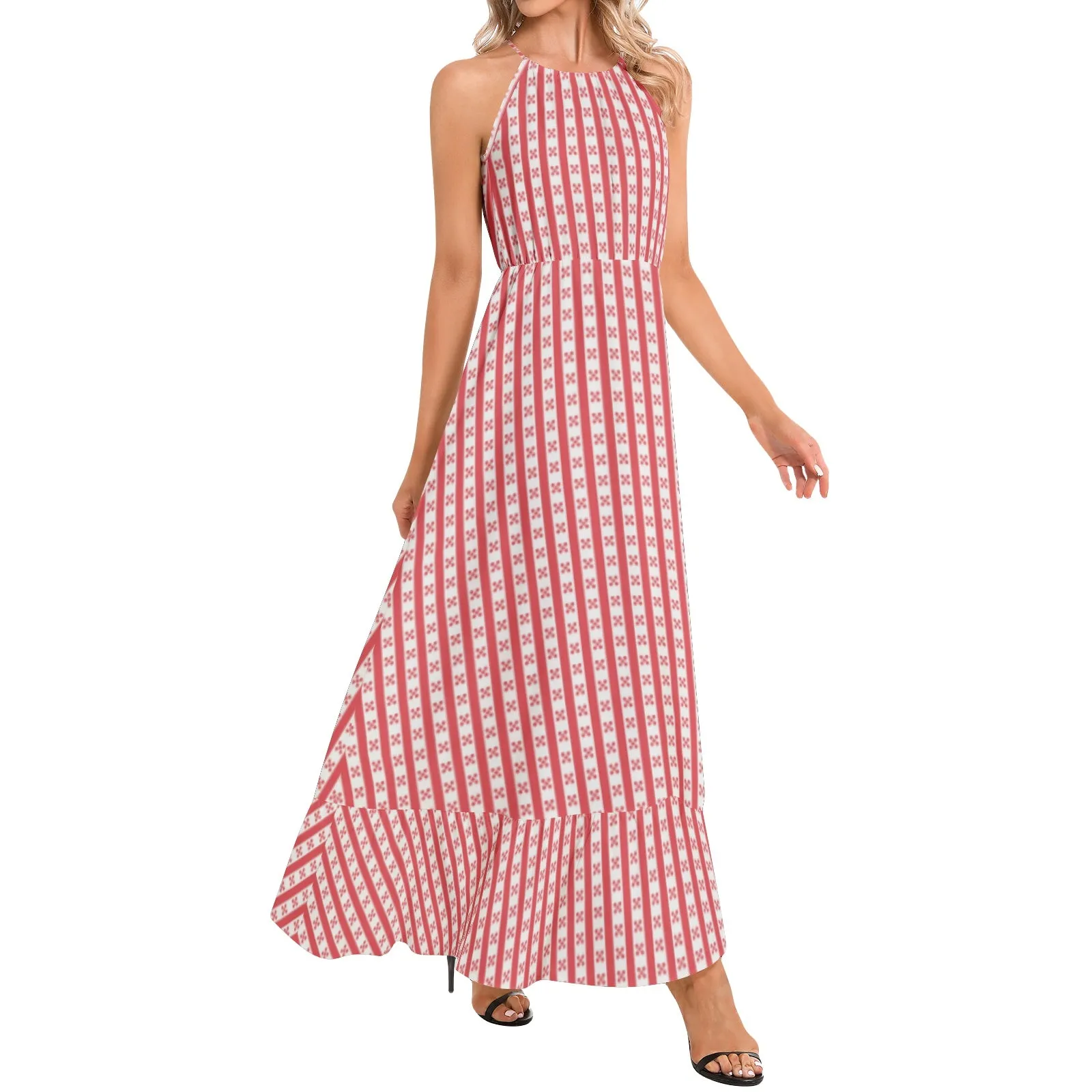 Gingham Striped Ruffle Hem Halter Neck Maxi Dress