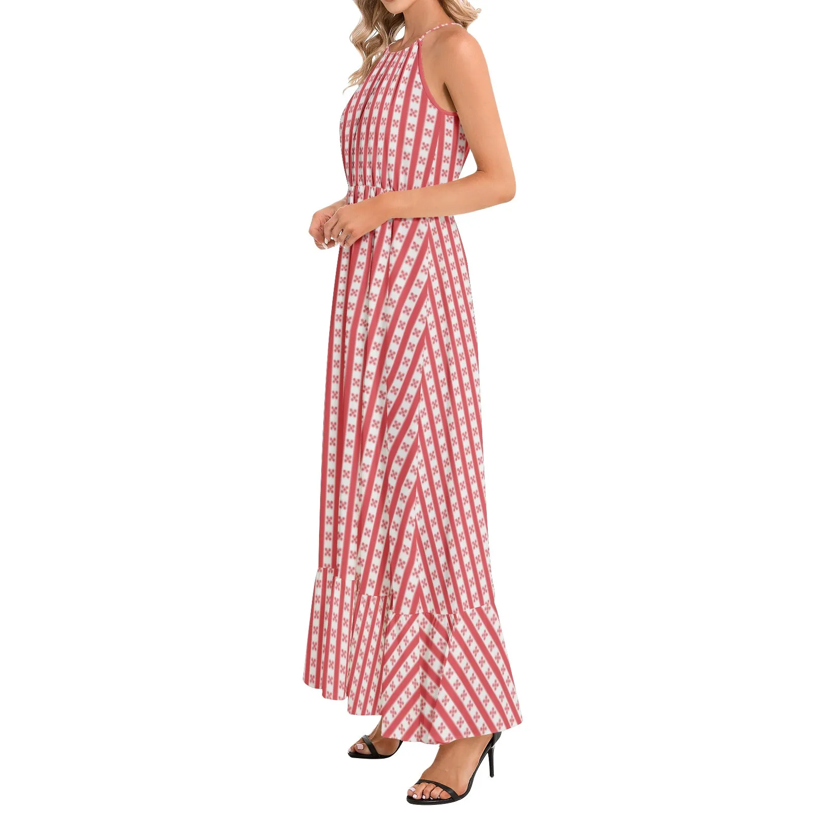 Gingham Striped Ruffle Hem Halter Neck Maxi Dress