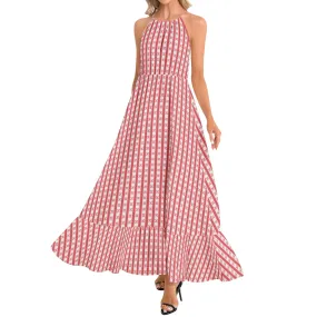 Gingham Striped Ruffle Hem Halter Neck Maxi Dress