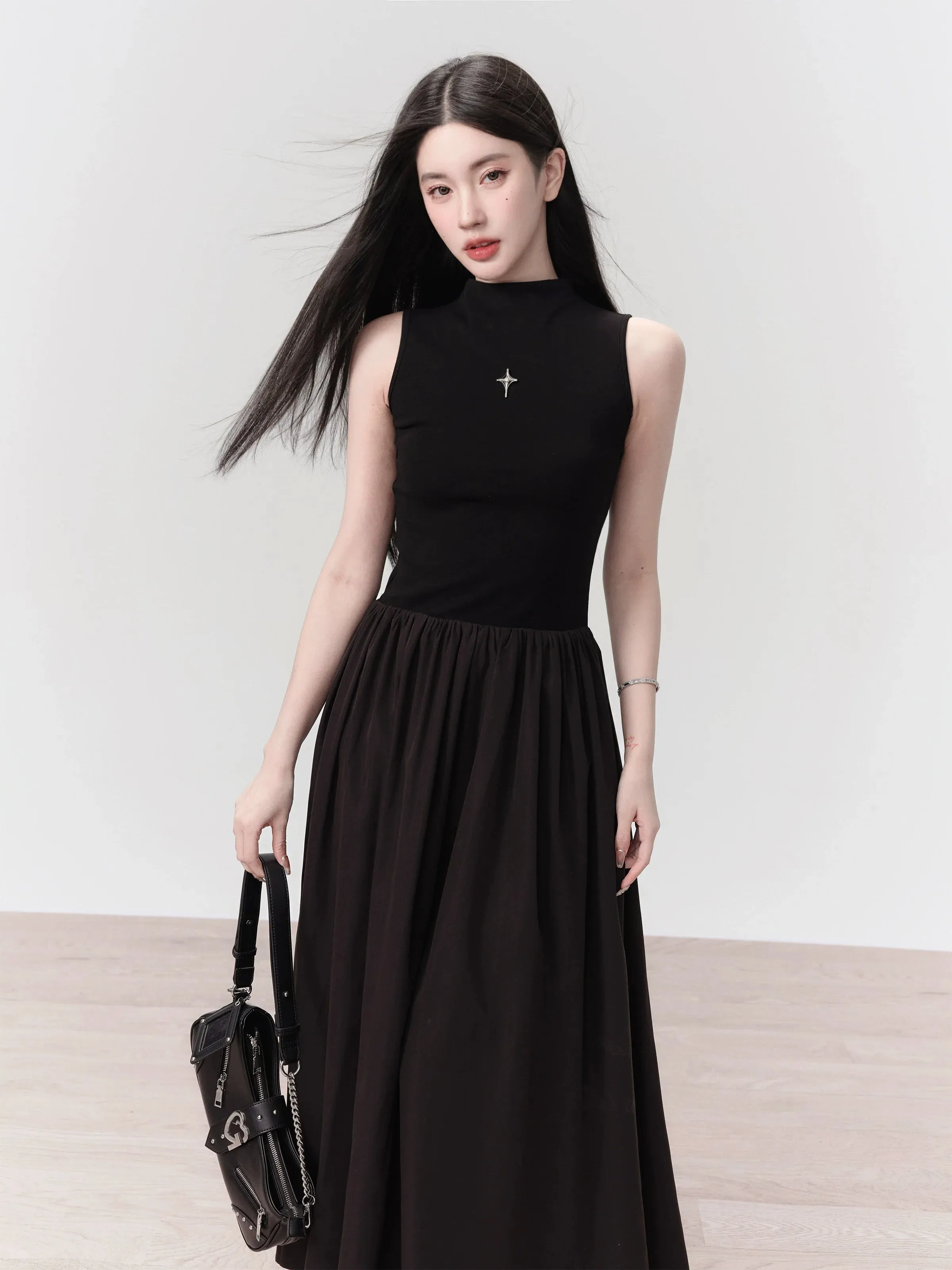 Gothic High-Neck Cross Embellished Maxi Dress