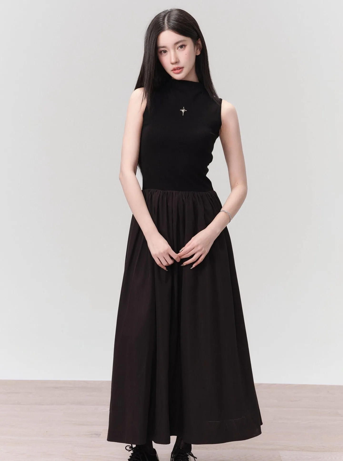 Gothic High-Neck Cross Embellished Maxi Dress