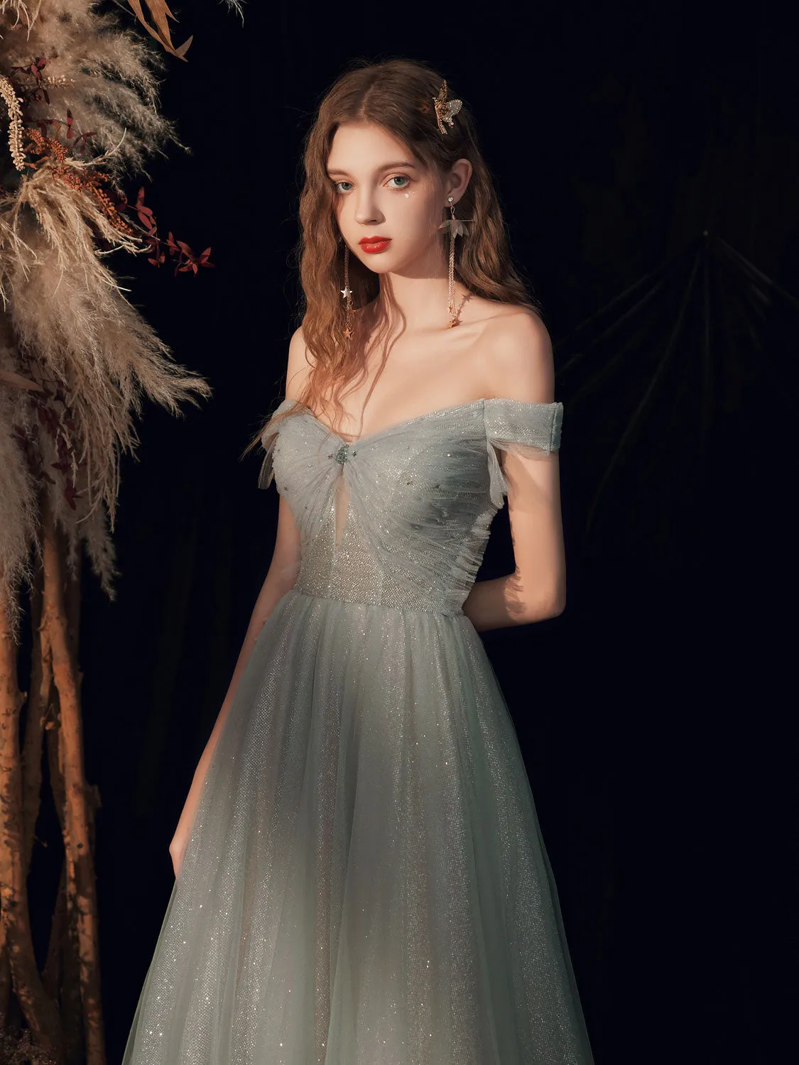 Gray Green Tulle Off Shoulder Sequin Long Prom Dress, Tulle Formal Graduation Dresses