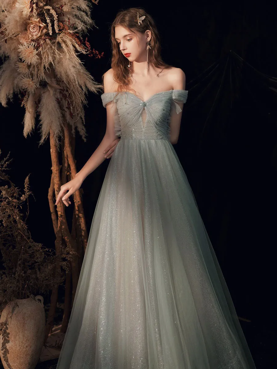 Gray Green Tulle Off Shoulder Sequin Long Prom Dress, Tulle Formal Graduation Dresses