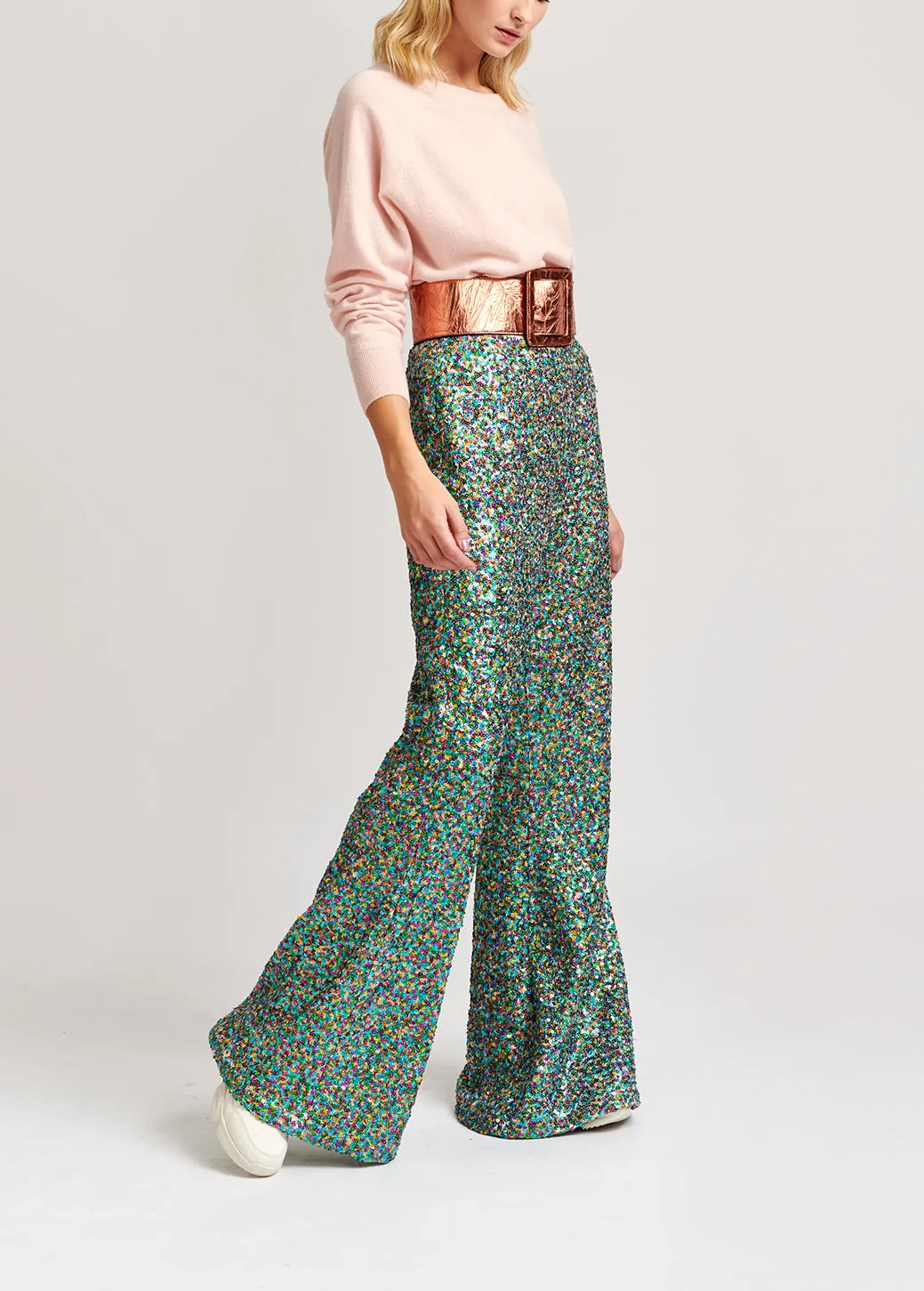 Green, fuchsia and blue sequined flared pants