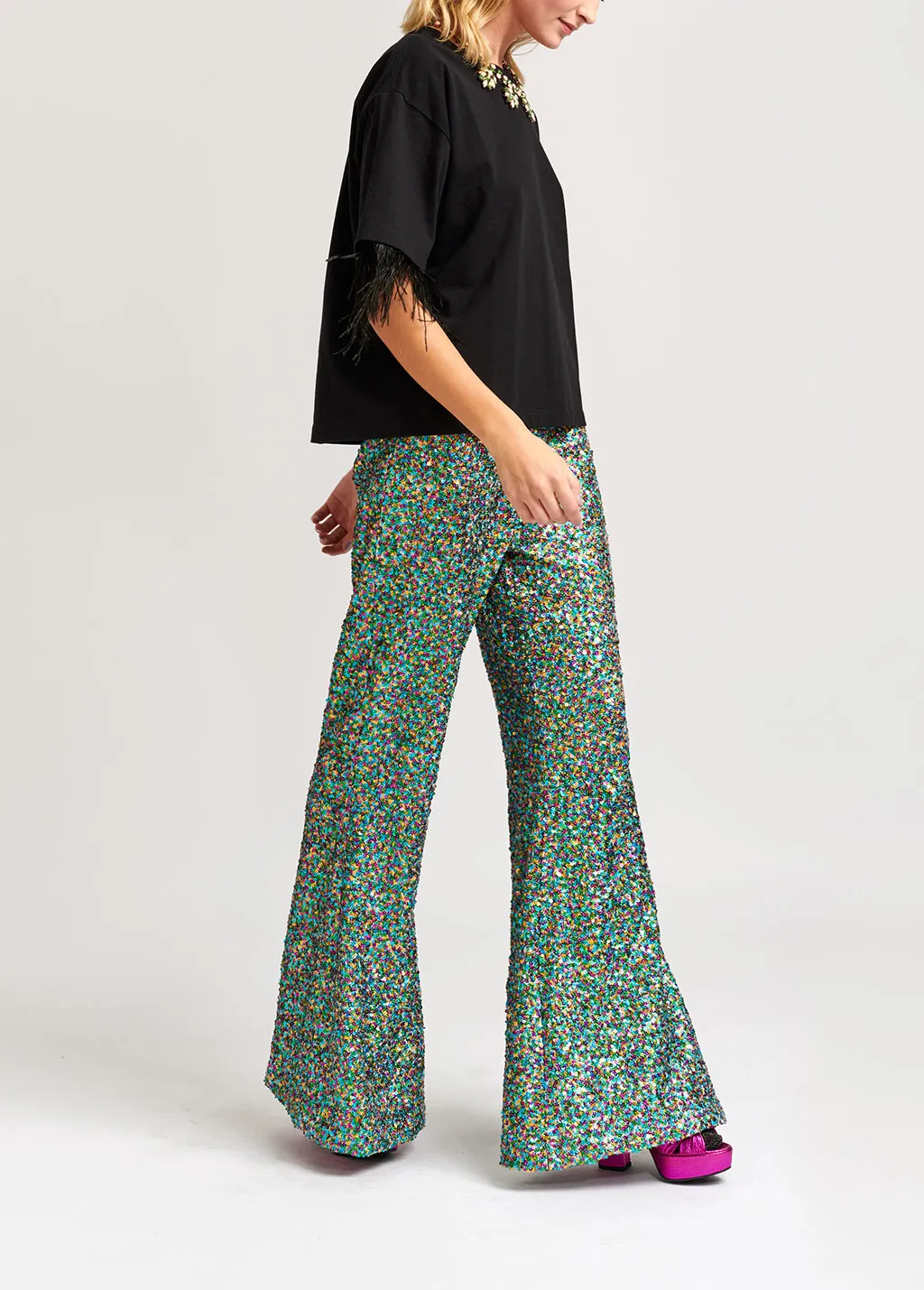 Green, fuchsia and blue sequined flared pants