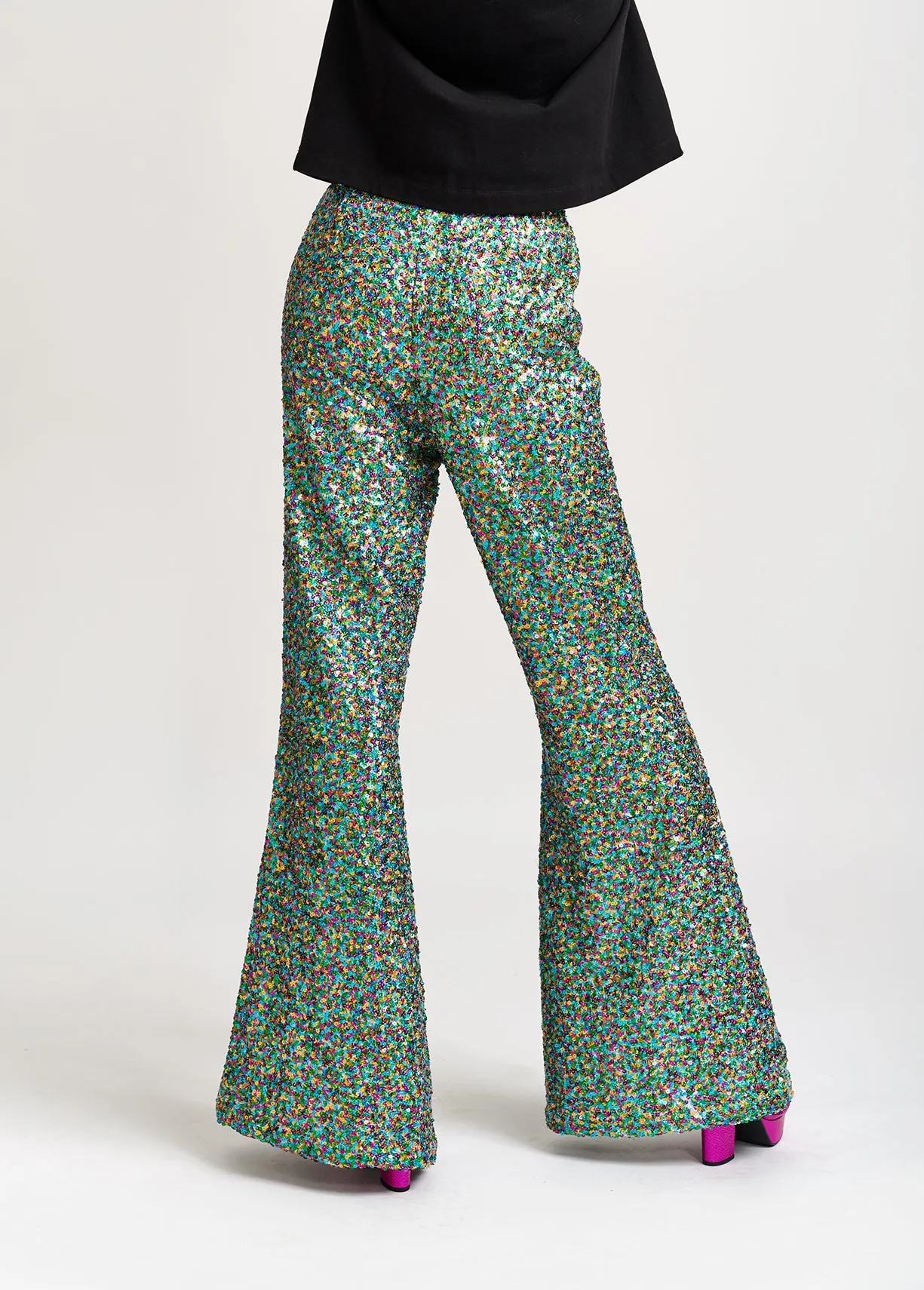 Green, fuchsia and blue sequined flared pants