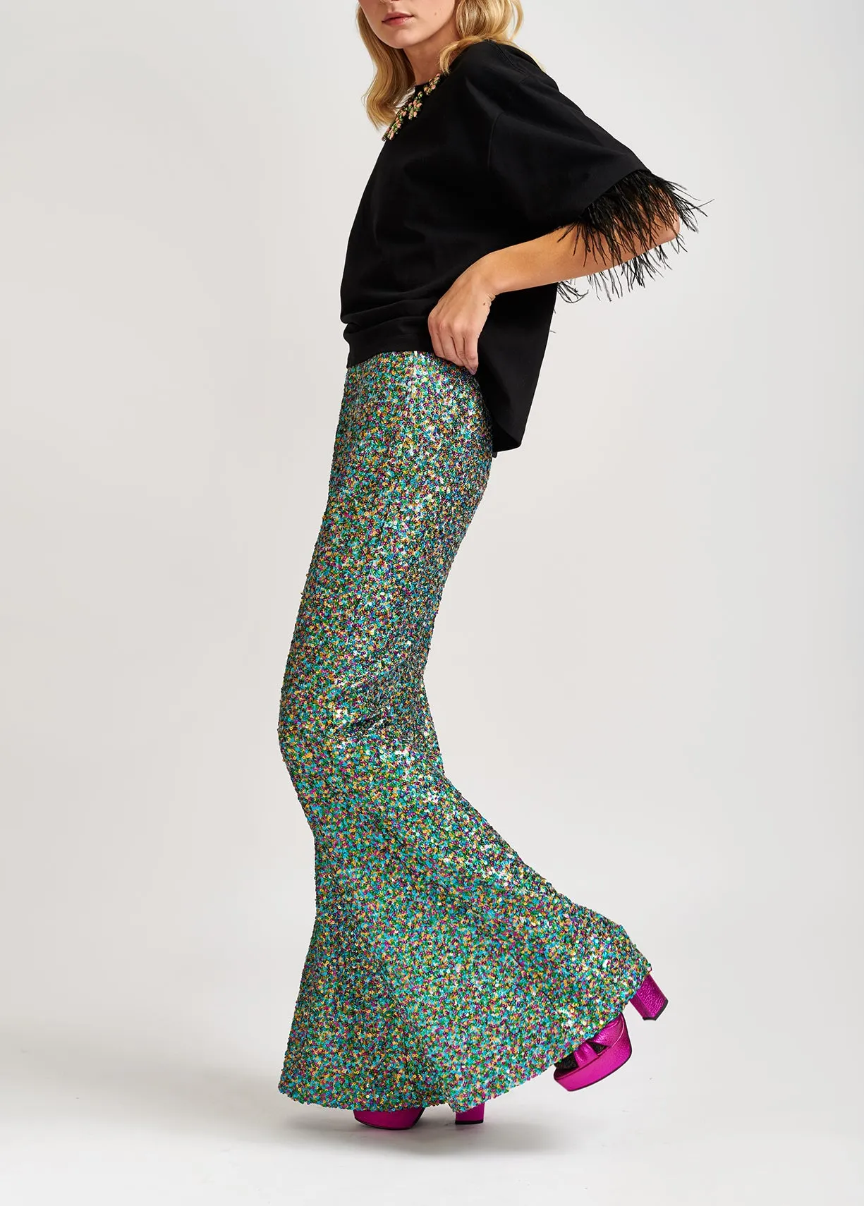 Green, fuchsia and blue sequined flared pants