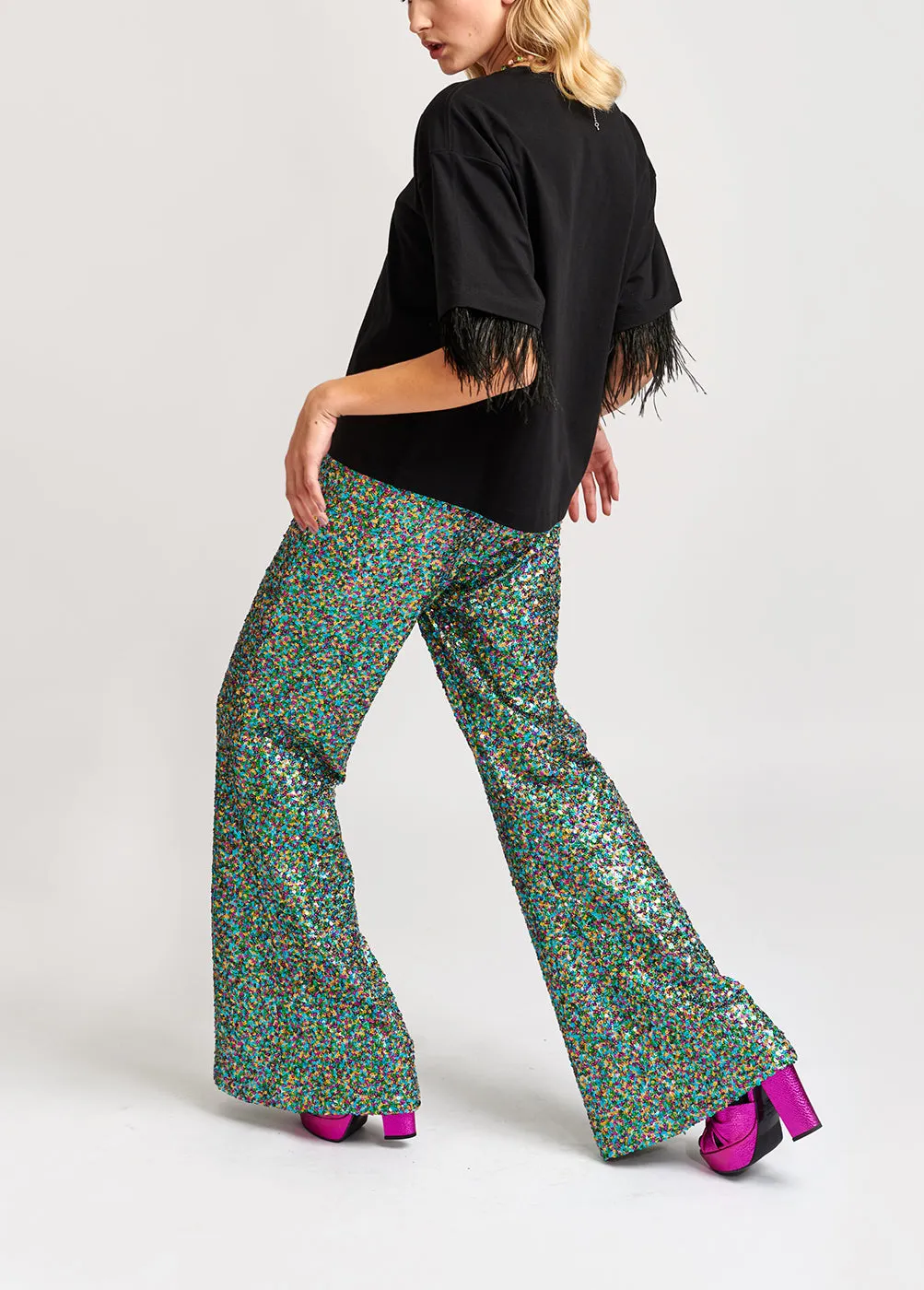 Green, fuchsia and blue sequined flared pants