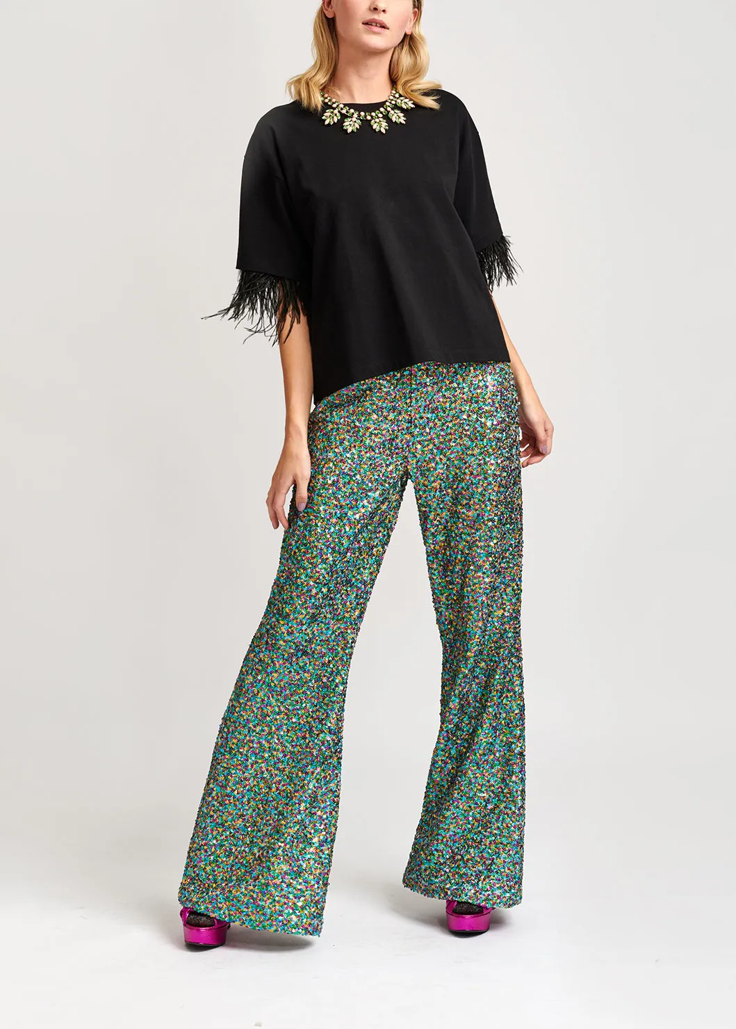 Green, fuchsia and blue sequined flared pants