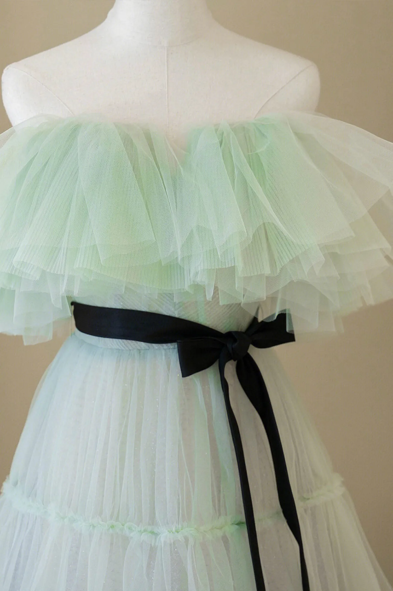 Green Tulle Floor Length Prom Dress, A-Line Off Shoulder Evening Dress