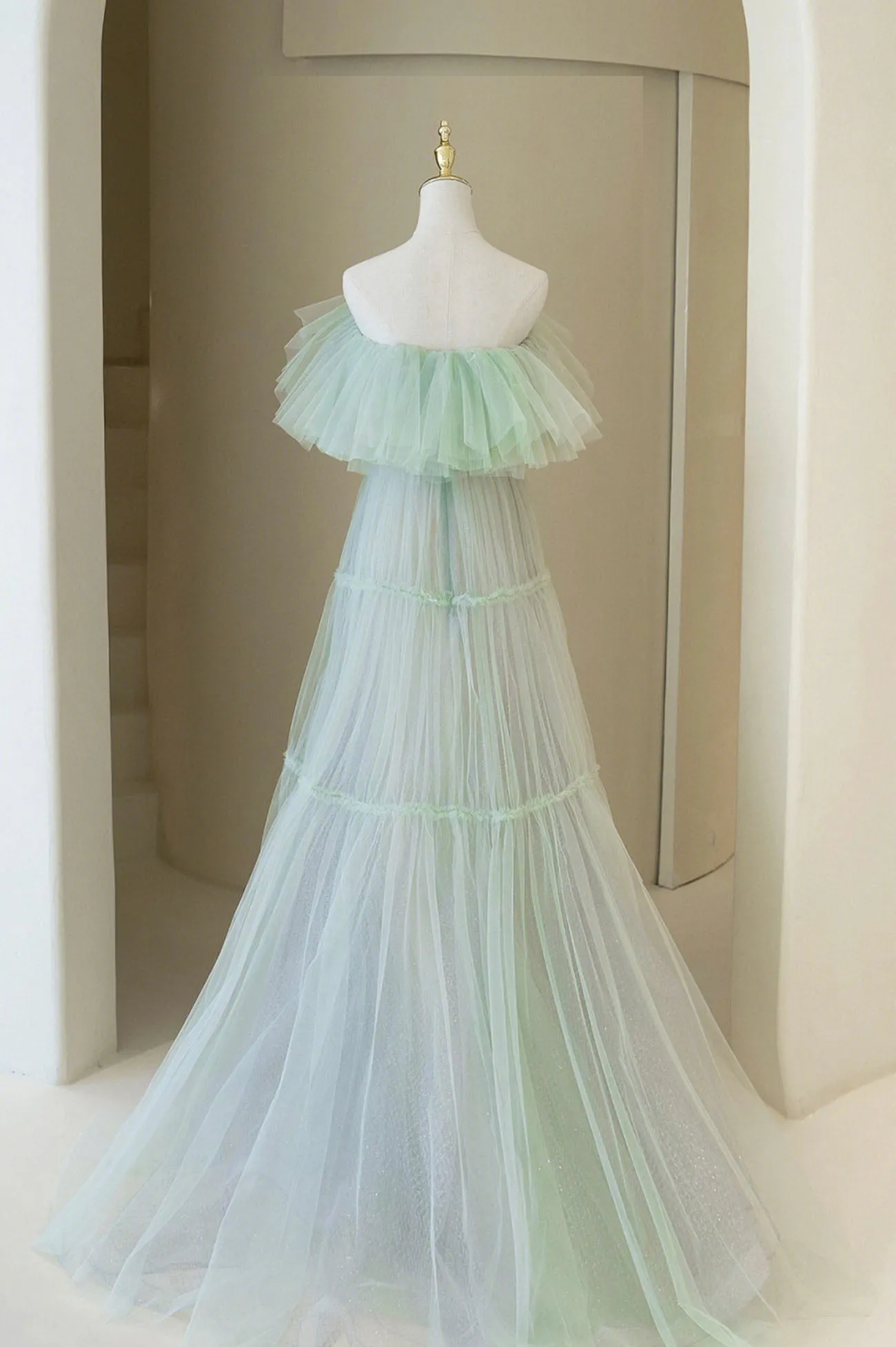 Green Tulle Floor Length Prom Dress, A-Line Off Shoulder Evening Dress