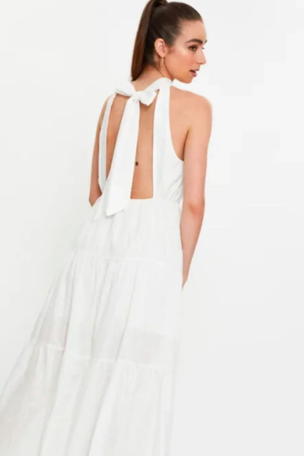 Halter Neck Backless Ruffle Dress White