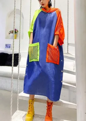 Handmade blue cotton clothes hooded pockets Plus Size summer Dress