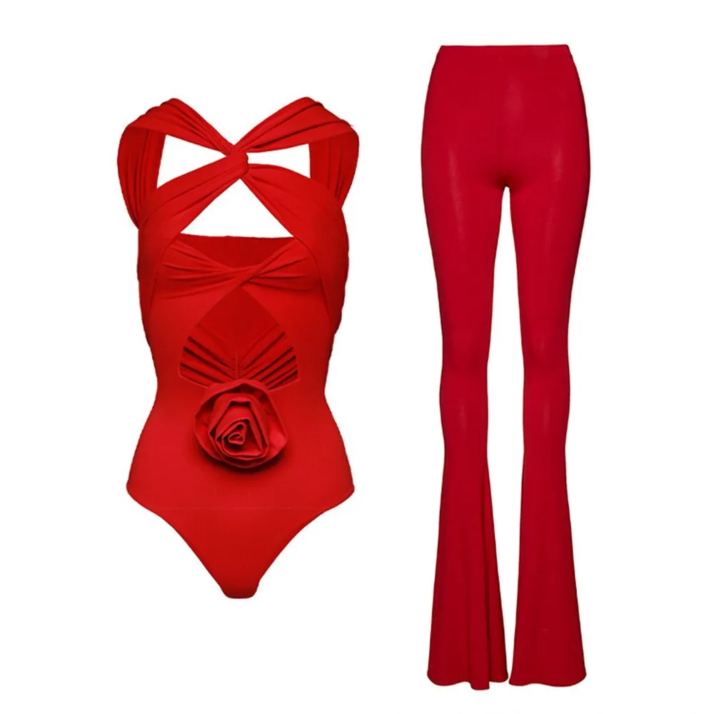 HANNA RED BODYSUIT and FLARED PANTS with ROSE BOW 2 PIECE SET