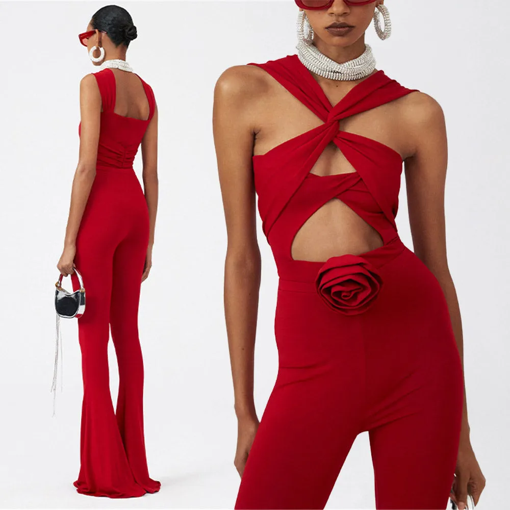 HANNA RED BODYSUIT and FLARED PANTS with ROSE BOW 2 PIECE SET