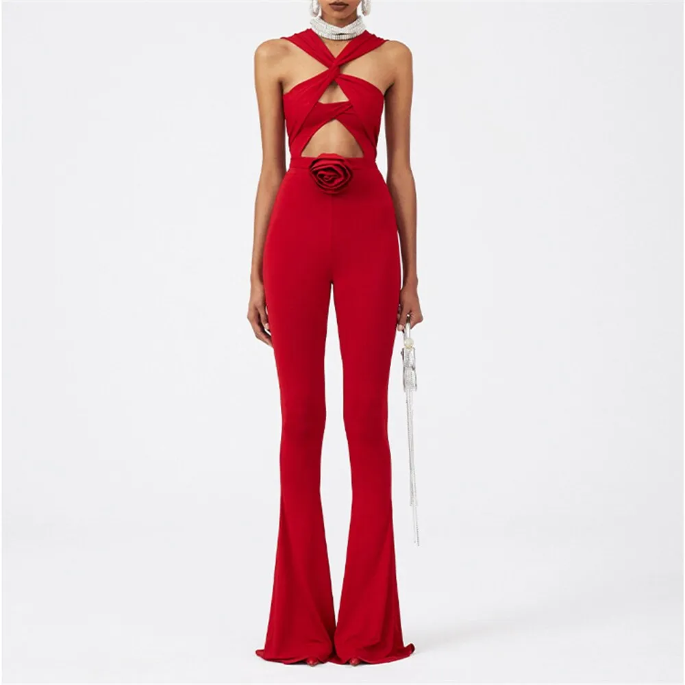 HANNA RED BODYSUIT and FLARED PANTS with ROSE BOW 2 PIECE SET