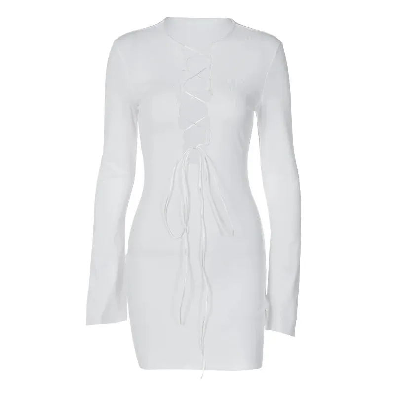 Julia Fashion - Pure Color Slim Lace-up Flared Long-sleeved Bodycon Elegant Women's Mini Dress