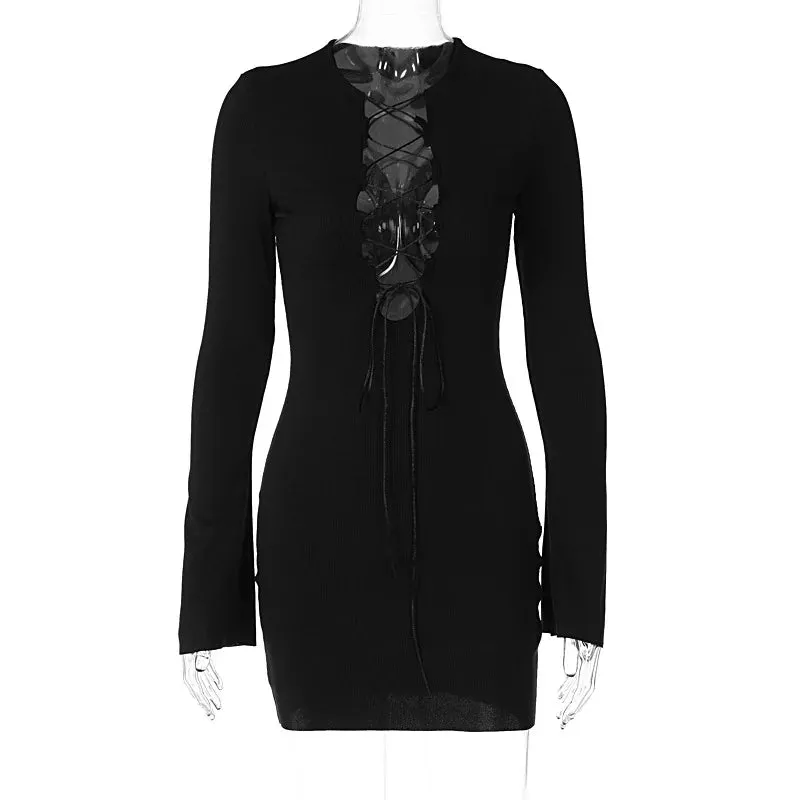 Julia Fashion - Pure Color Slim Lace-up Flared Long-sleeved Bodycon Elegant Women's Mini Dress