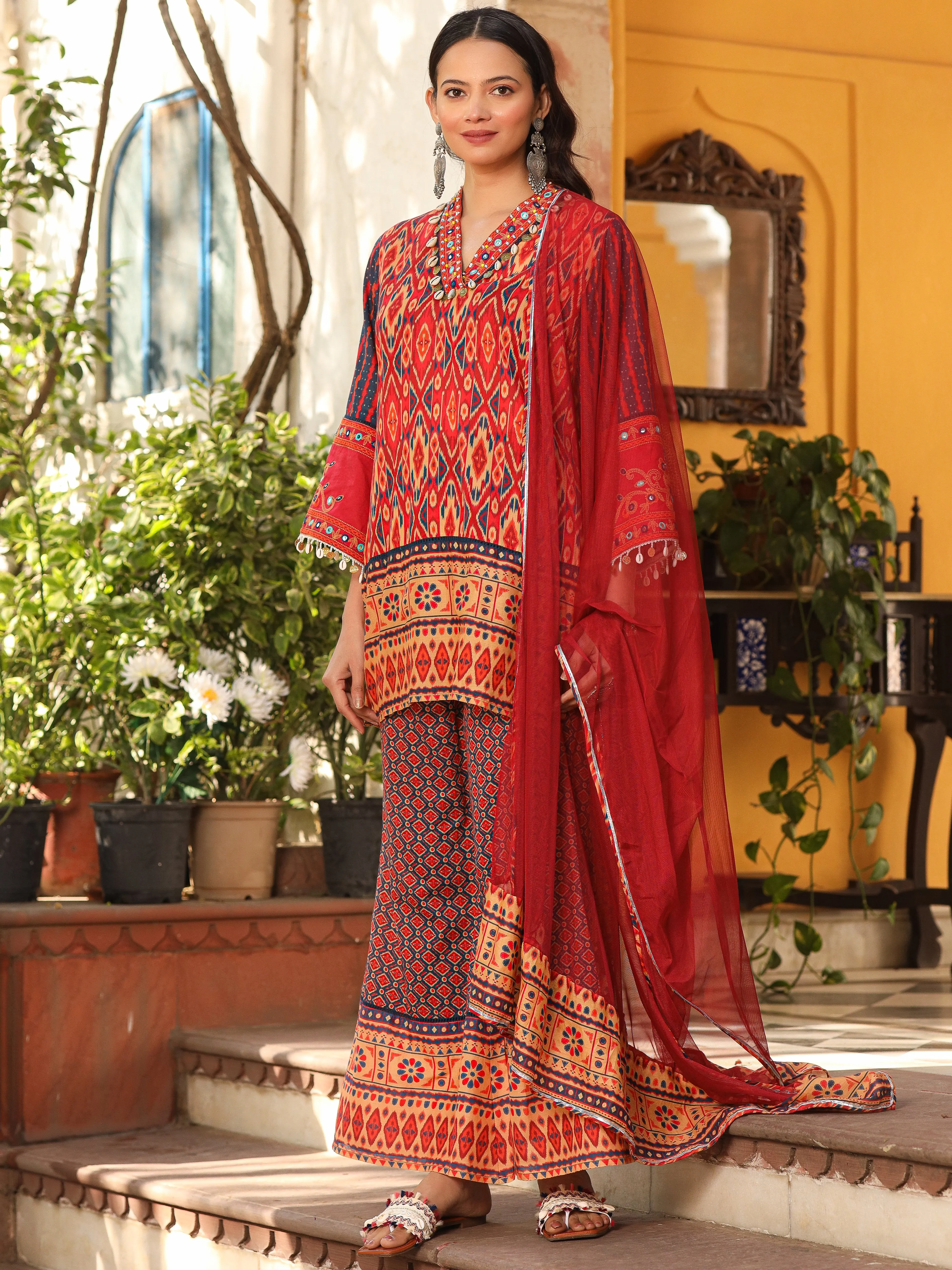 Juniper Rust Ikat Printed Cotton Voile Kurta Bell Bottom & Dupatta Set  With Coins Kaudis & Mirror Work