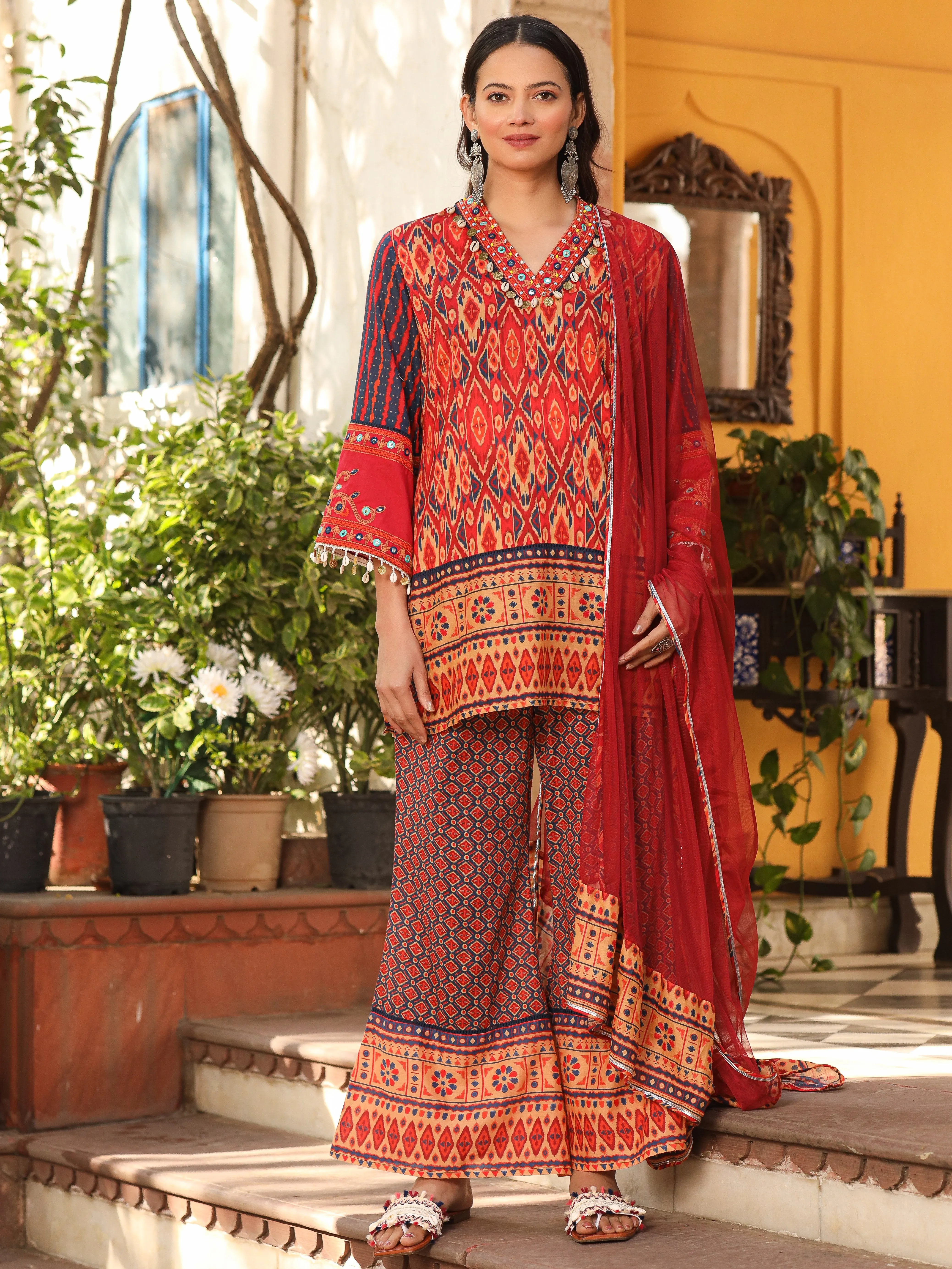 Juniper Rust Ikat Printed Cotton Voile Kurta Bell Bottom & Dupatta Set  With Coins Kaudis & Mirror Work