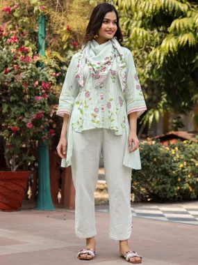 Juniper The Wonderland Mint Floral Print Cotton Shirt With Pant & Scarf Co-Ord Set With Kaudi & Button