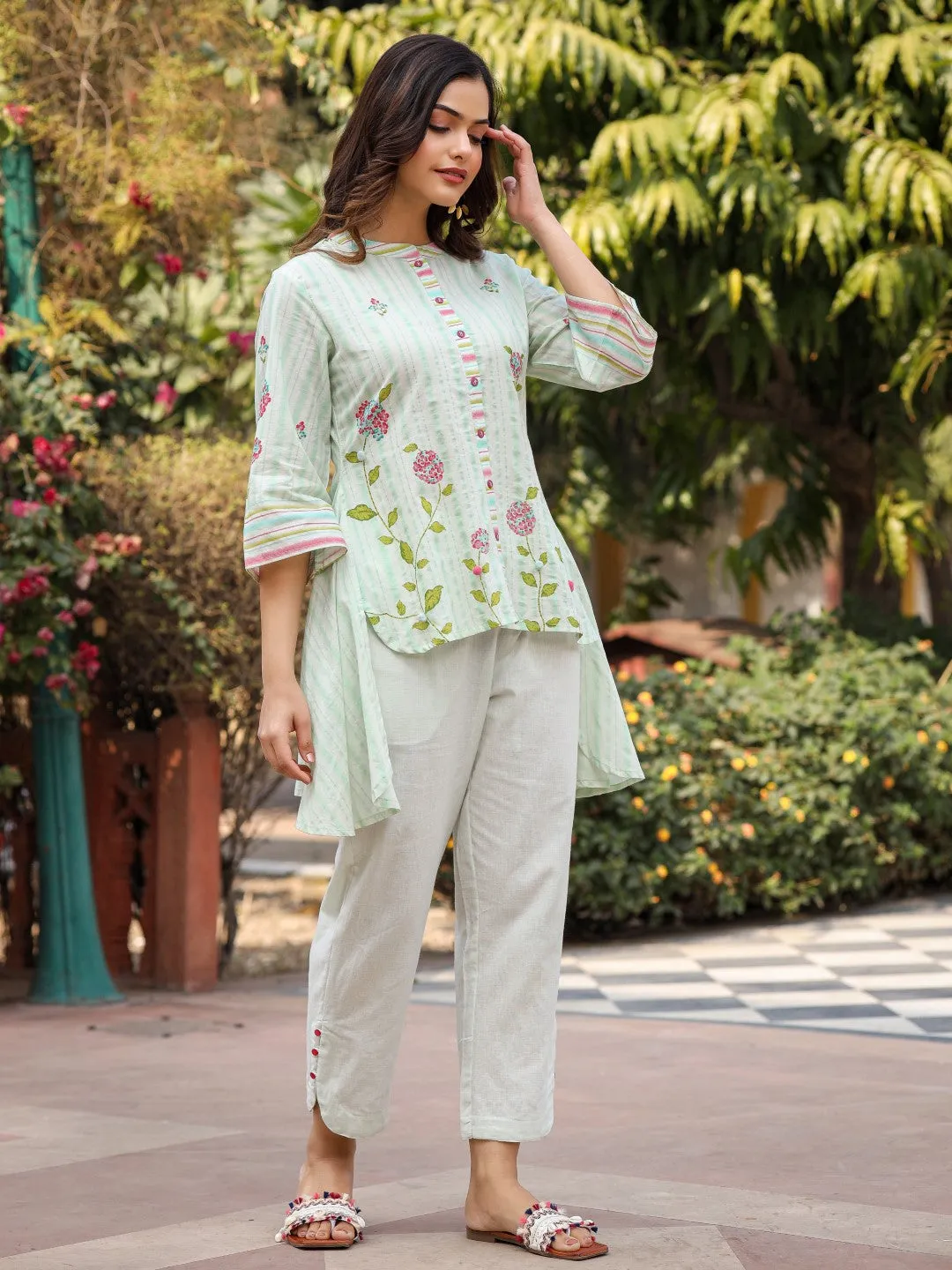 Juniper The Wonderland Mint Floral Print Cotton Shirt With Pant & Scarf Co-Ord Set With Kaudi & Button