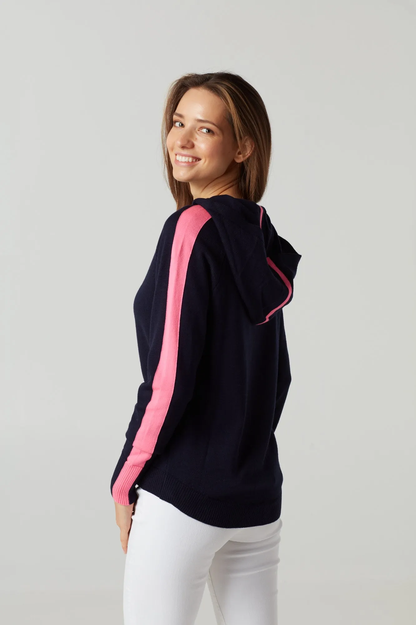 Ladies striped hoodie jumper in navy & bright pink