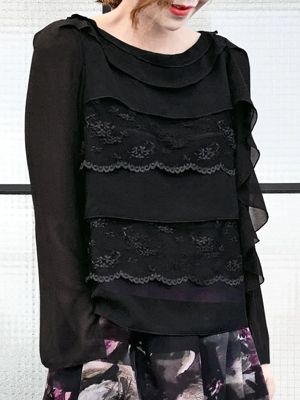 Last Chance! Black Lace Trims Tiered Ruffle Asymmetrical Sleeves Chiffon Silk Blouse