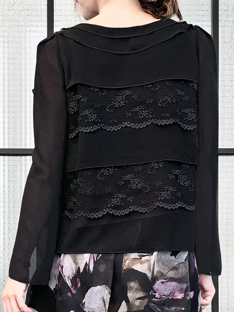 Last Chance! Black Lace Trims Tiered Ruffle Asymmetrical Sleeves Chiffon Silk Blouse