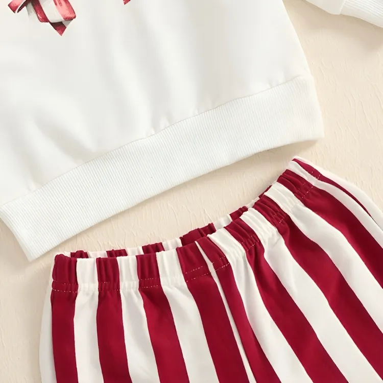 Long Sleeve Striped Bow Print Flare Baby Set