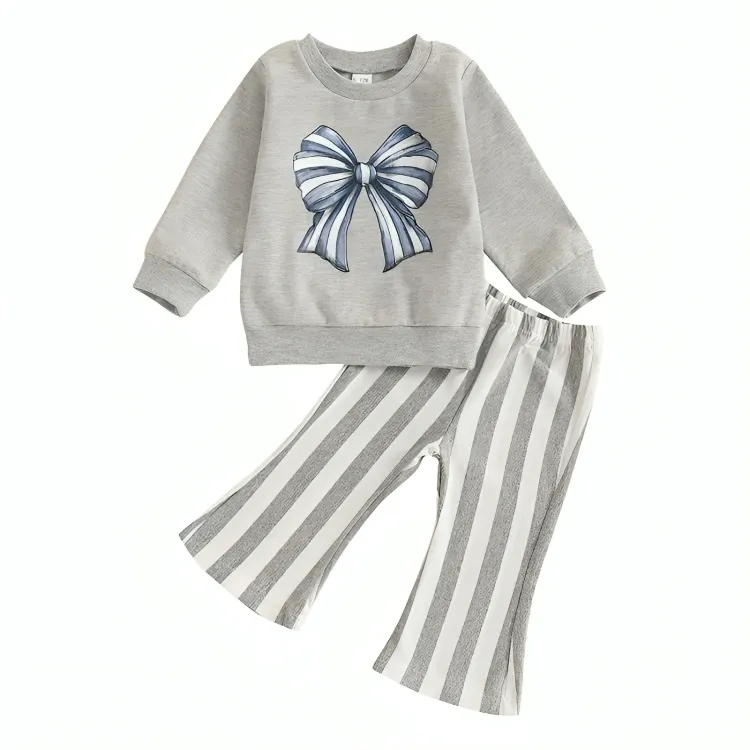 Long Sleeve Striped Bow Print Flare Baby Set