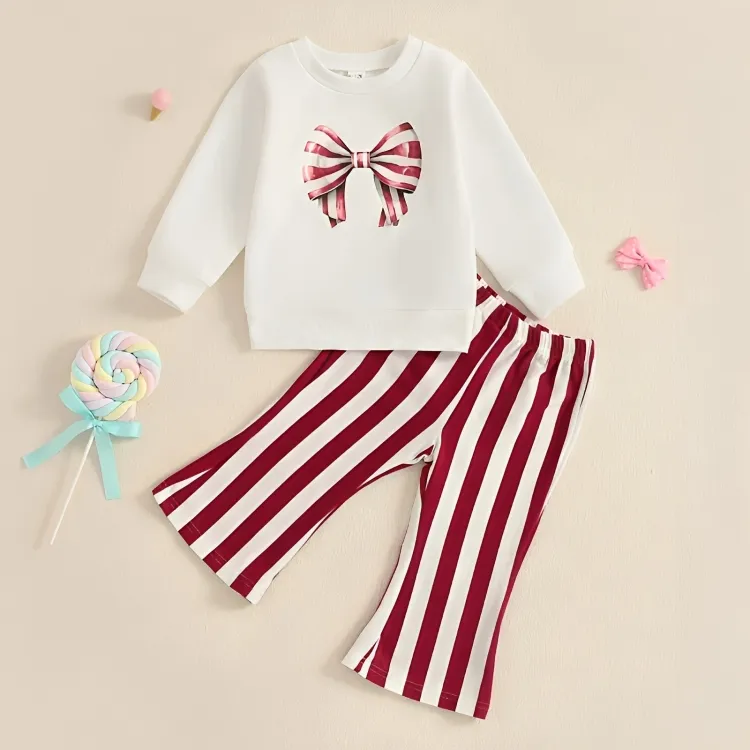 Long Sleeve Striped Bow Print Flare Baby Set